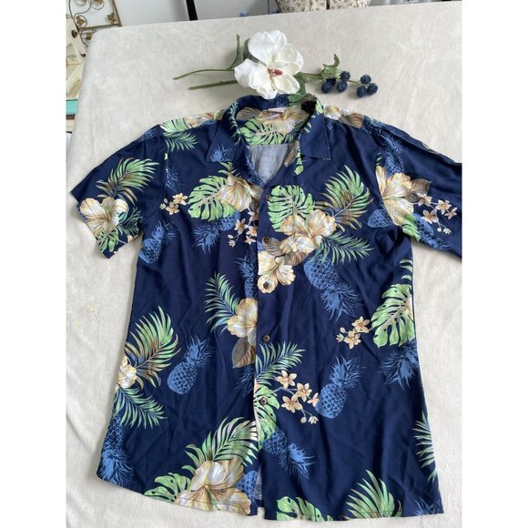 Hawaiian Tropical Hangover Blue Pineapple & Hibiscus Print Button-Up Shirt L - Picture 2 of 9